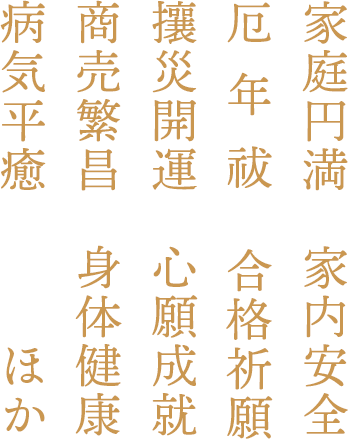 家庭円満　家内安全　厄年祓　合格祈願　攘災開運　心願成就　商売繁昌　身体健康　病気平癒　ほか